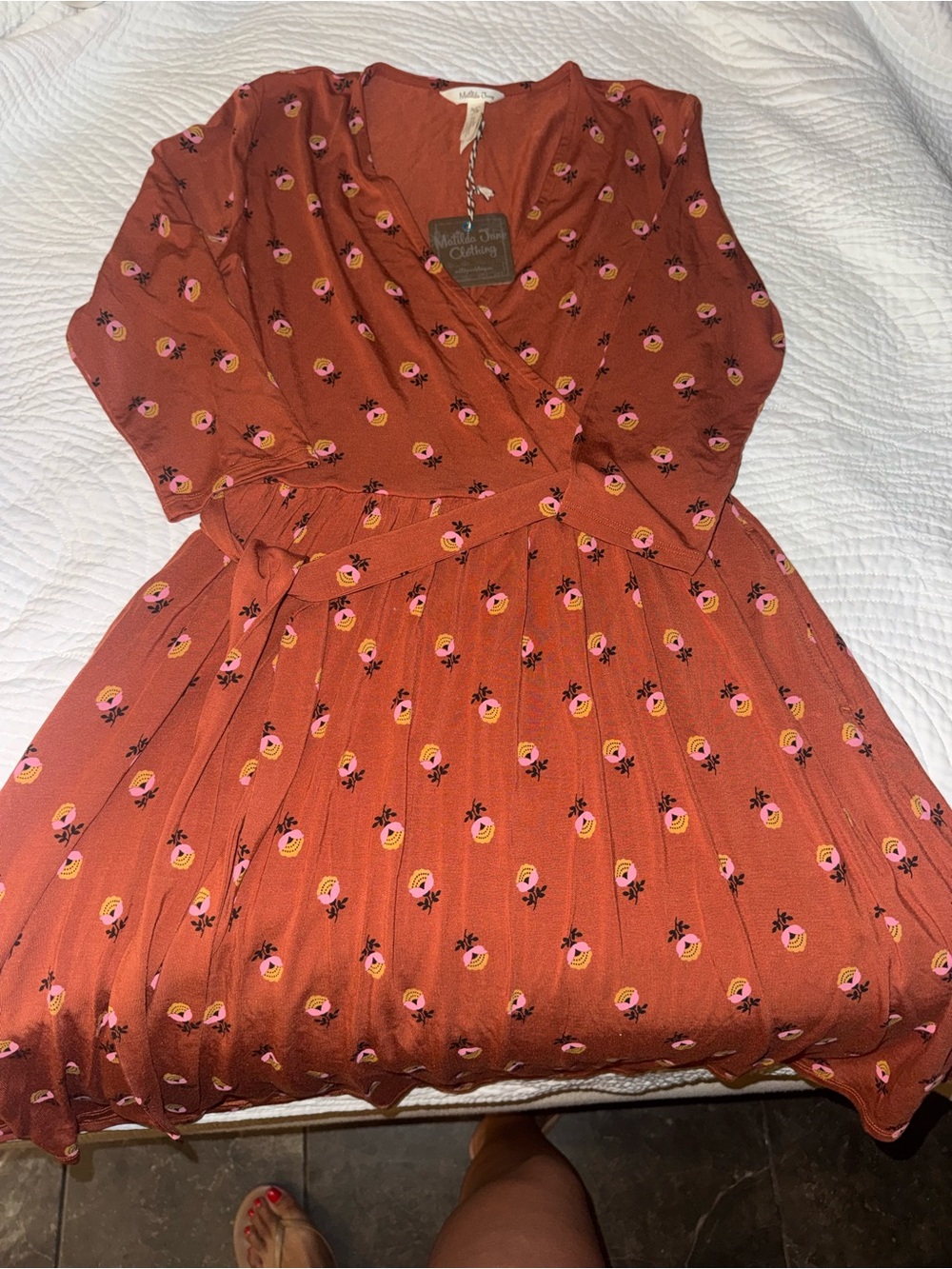 Matilda Jane Rust Orange Wrap Dress with Pink Floral Print